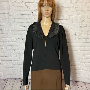 Vintage Pamela McCoy Black Knit Leather Pleated Collar Cardigan Size S